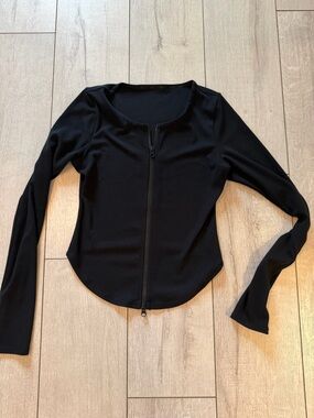 ALO Yoga Black Ribbed Zip-Front Long Sleeve Top